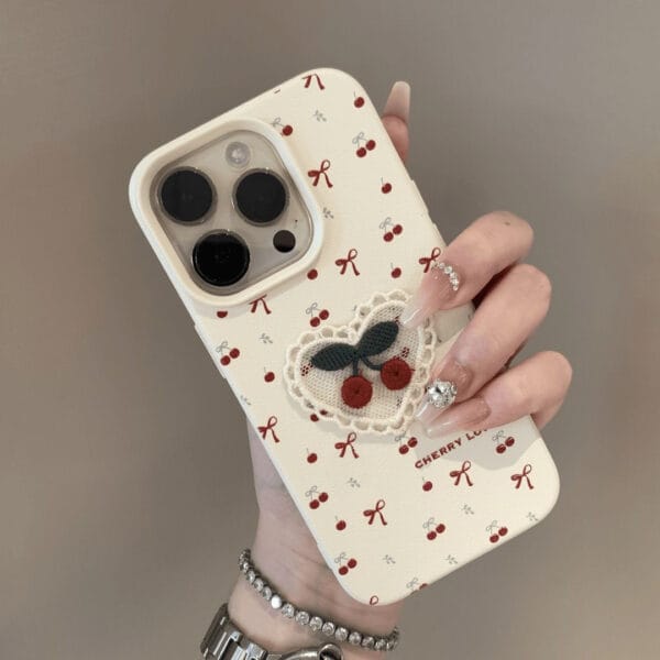 Cherry Embroidered Leather iPhone Case – Elegant & Protective - A032 - Image 5
