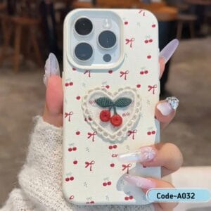 Cherry Embroidered Leather iPhone Case – Elegant & Protective - A032