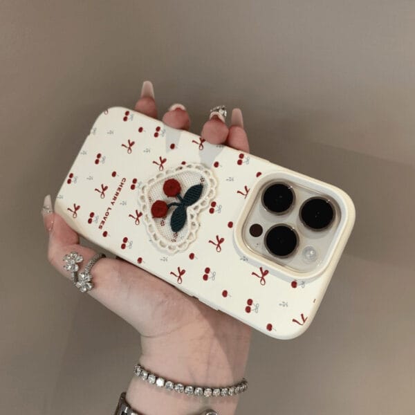 Cherry Embroidered Leather iPhone Case – Elegant & Protective - A032 - Image 3
