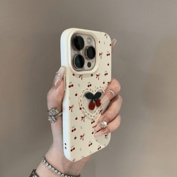 Cherry Embroidered Leather iPhone Case – Elegant & Protective - A032 - Image 4